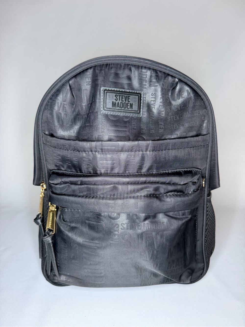 Steve Madden Black Logo-Print Backpack with Gold Zippers